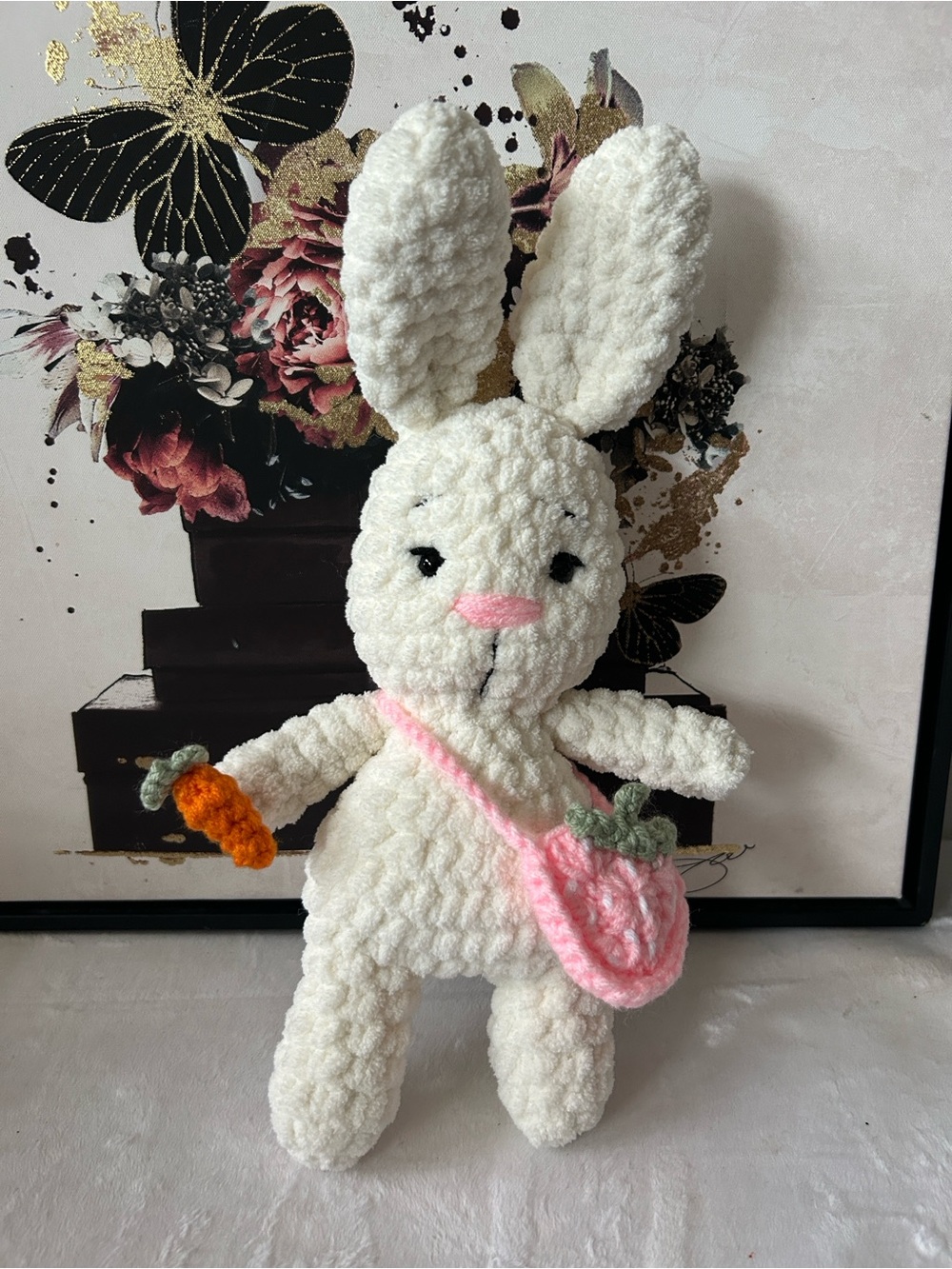 Handmade Plush Bunny with Strawberry  Bag and Carrot